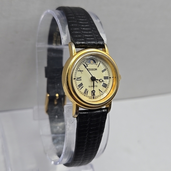 Womens Vintage Edison Moon Phase MOP 24mm Quartz Watch Gold Black New Battery main image 4
